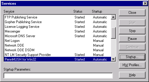 Services control panel